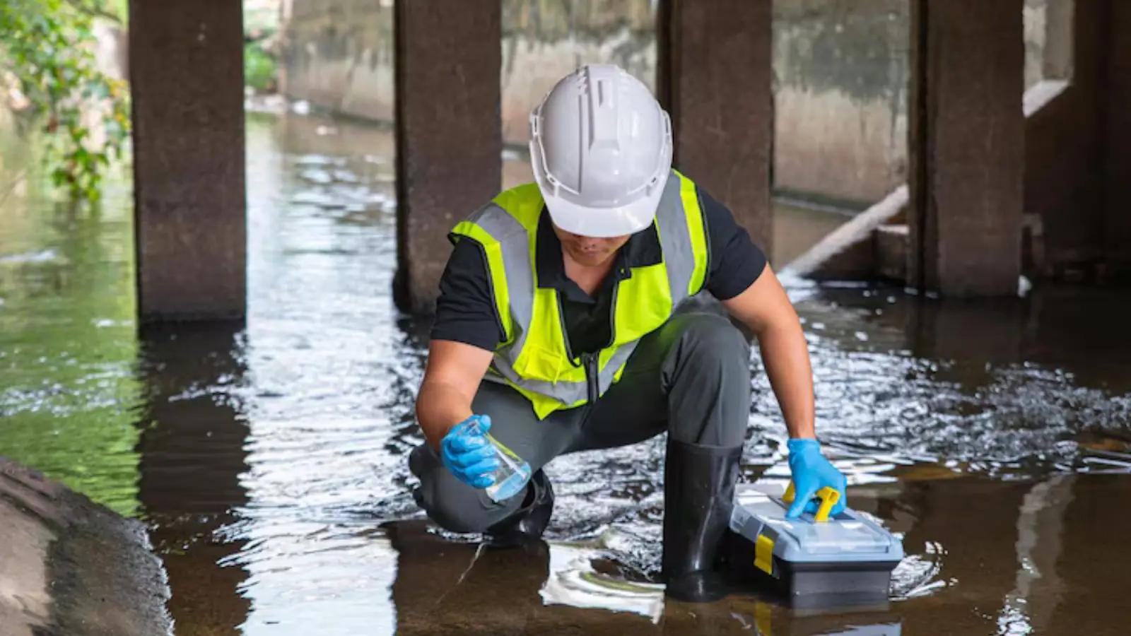 Worker in a hard hat and gloves crouching in standing water to check equipment