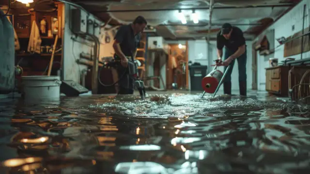 Two workers using pumping equipment to clear standing water from a flooded basement
