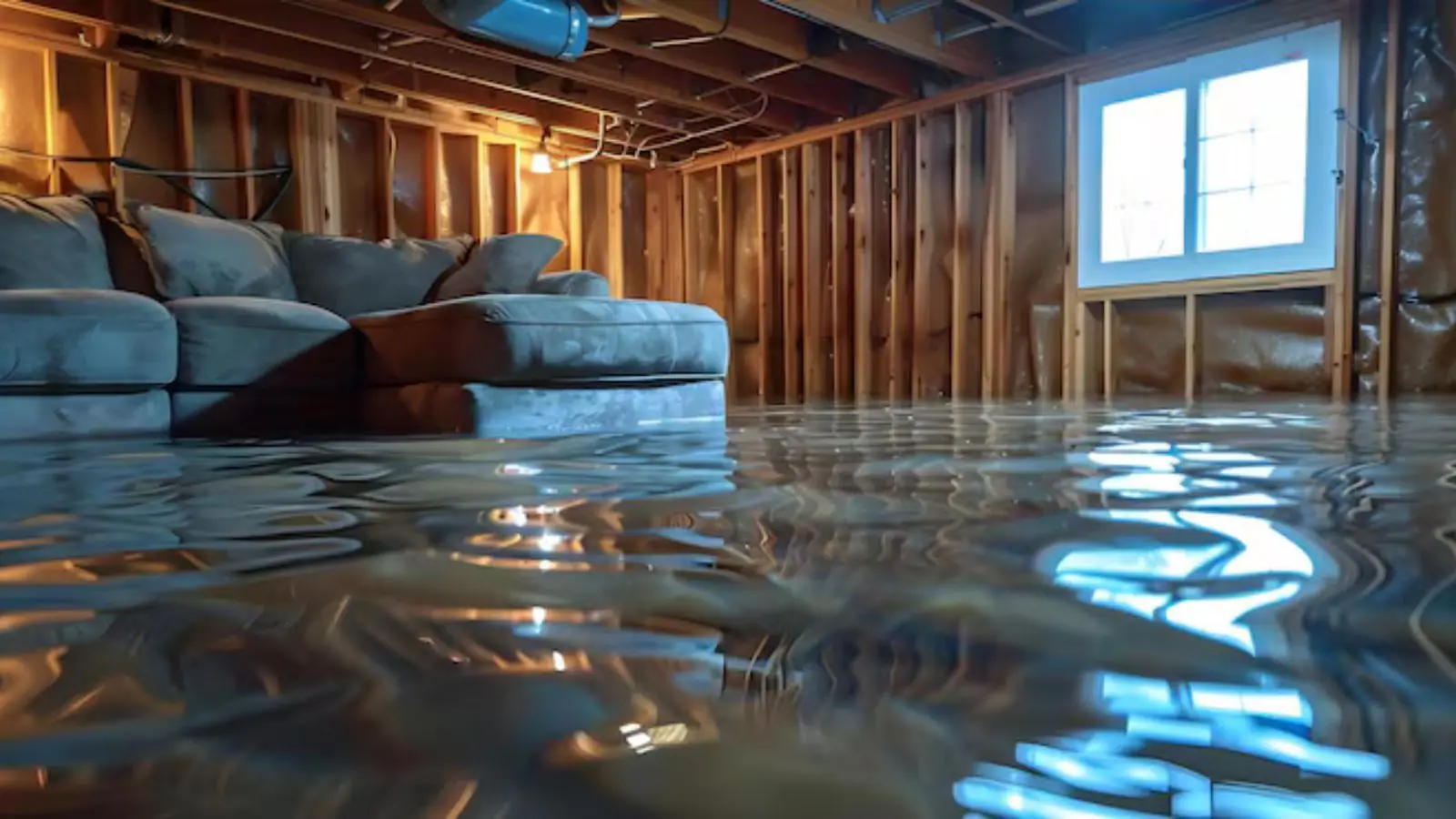 Flooded basement with exposed wall studs, a sofa and standing water across the floor
