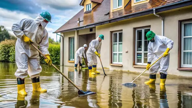 Crew in white protective suits and yellow boots clearing floodwater around a house with squeegees