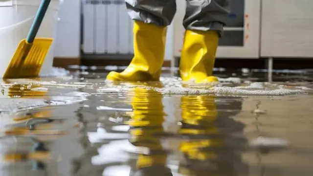 Person in yellow rubber boots with a squeegee standing in flood water indoors