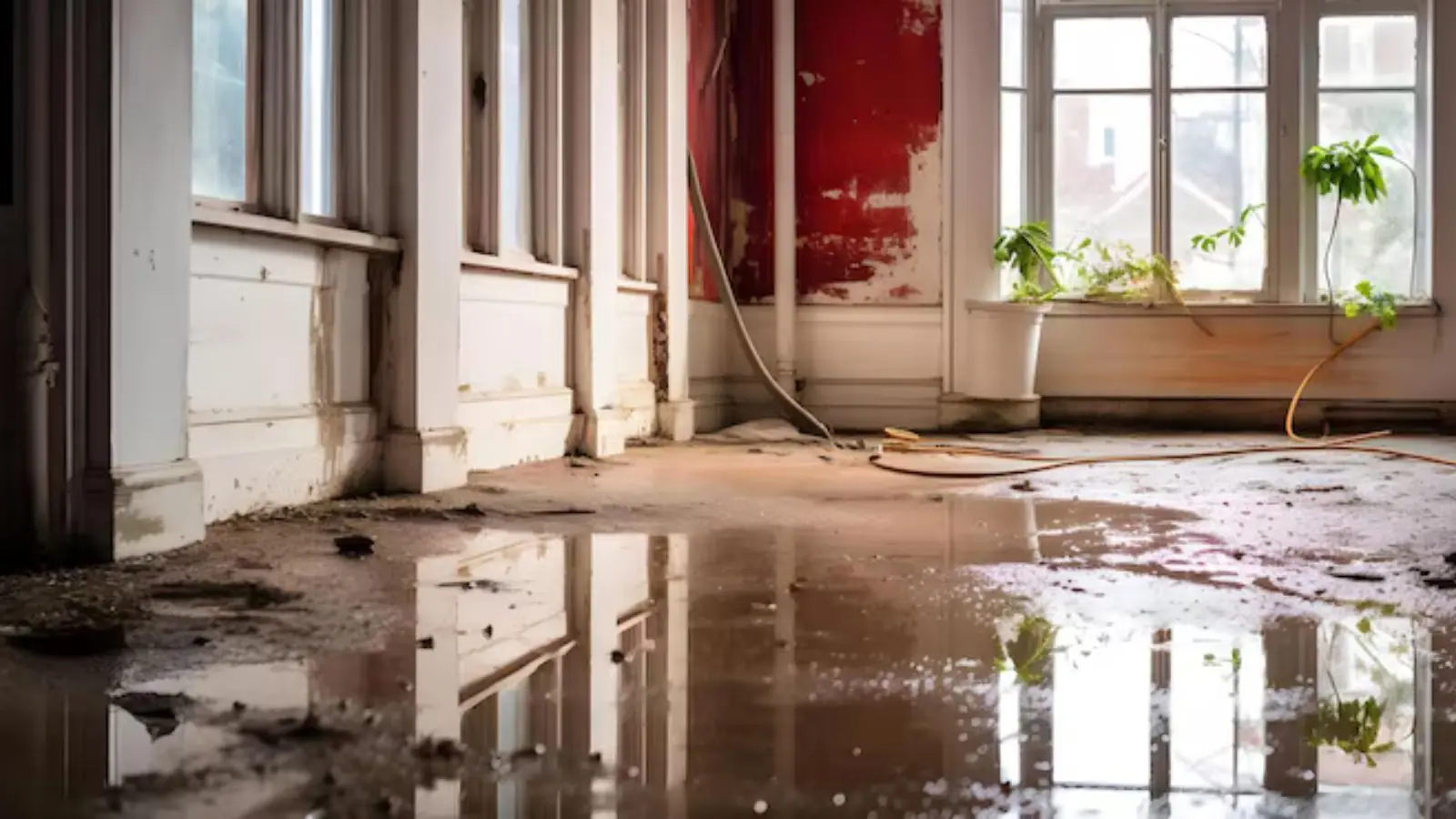 Room with muddy water across the floor and wet baseboards beside tall windows