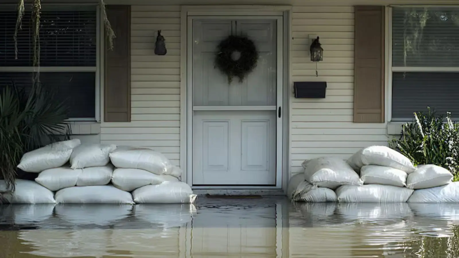 Sandbags stacked against a front door with floodwater pooling at the porch
