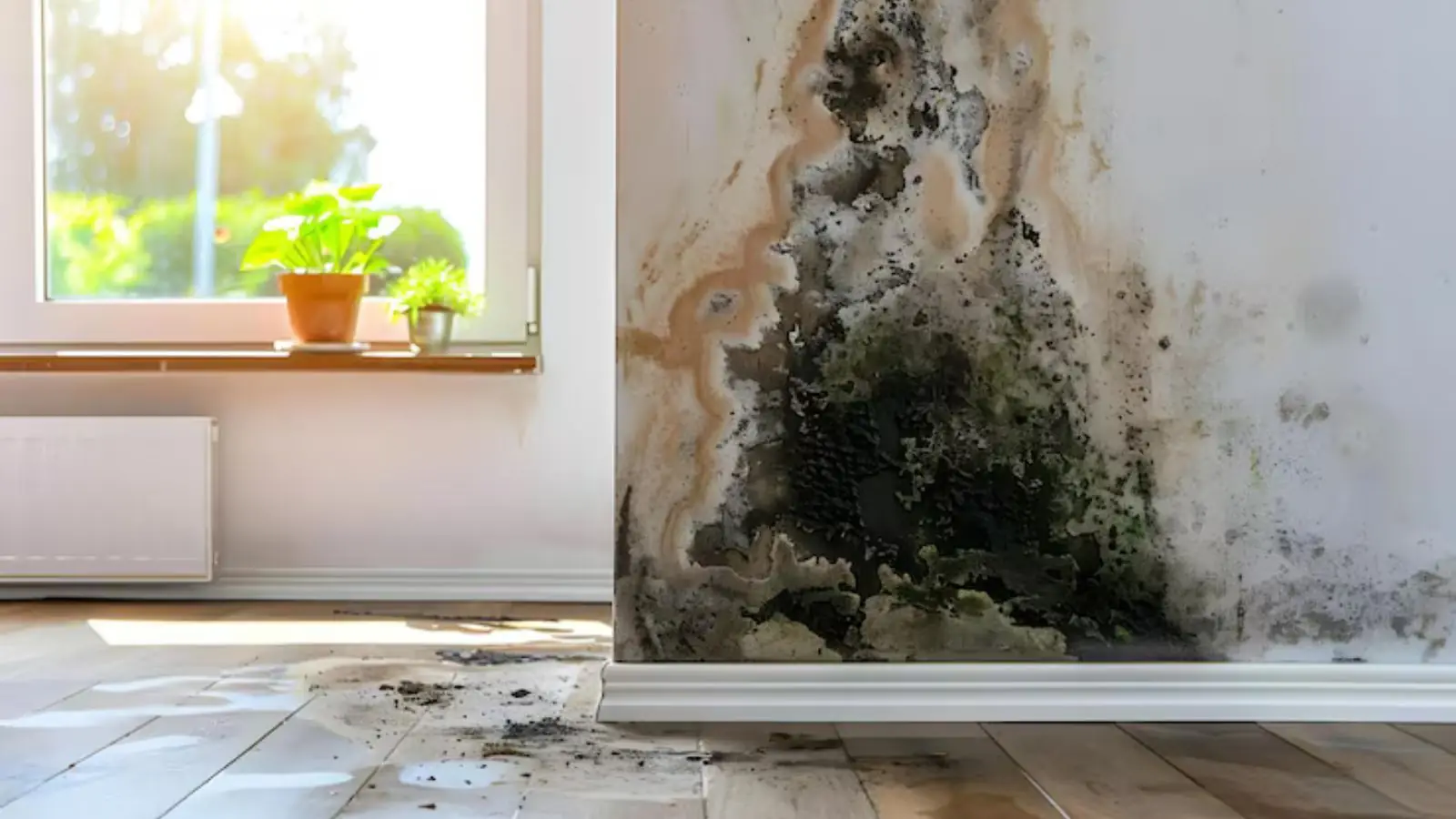 Black mold spreading up a wall beside a window above a wood floor