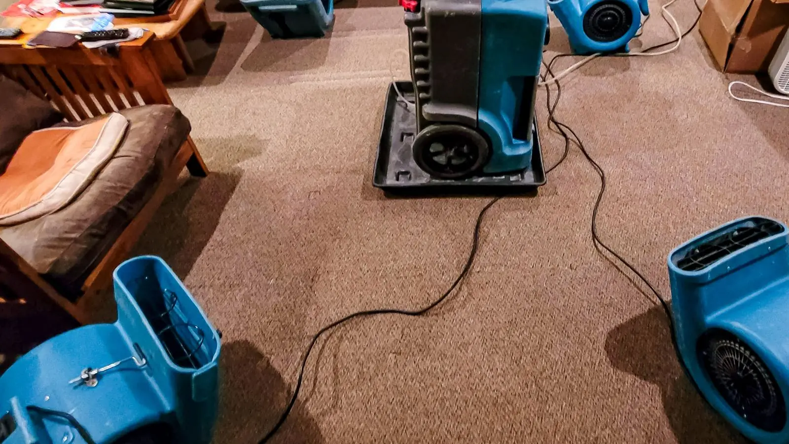 Blue air movers and a dehumidifier running on wet carpet during structural drying
