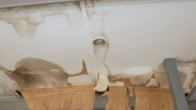 Water-damaged ceiling around a ceiling fitting with peeling paint and drywall paper