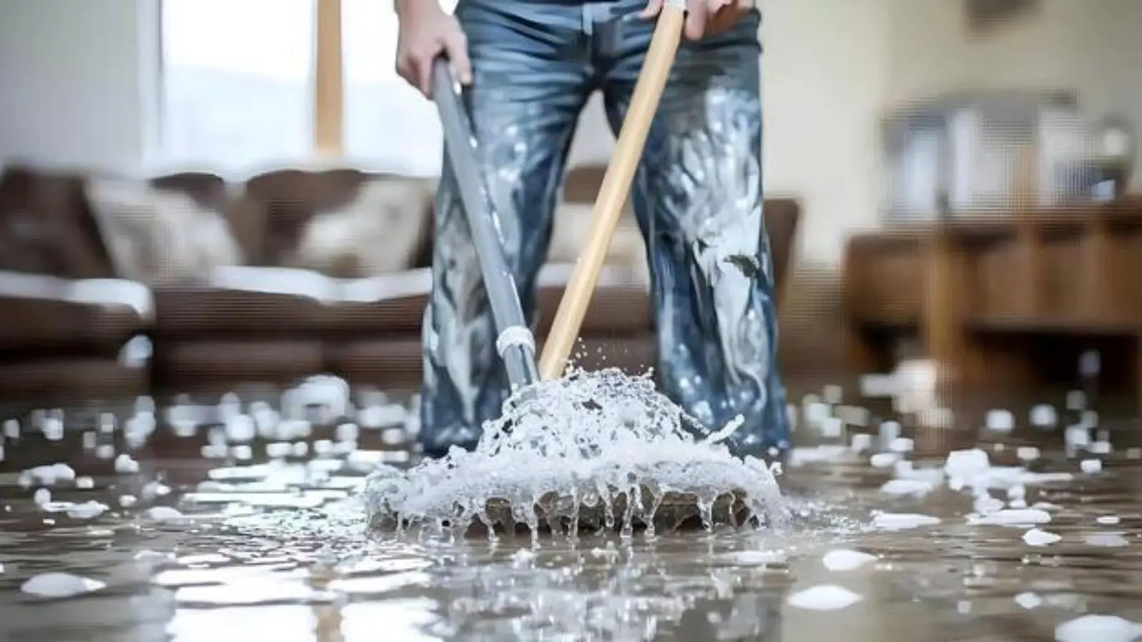 Person in jeans mopping soapy water off a living room floor