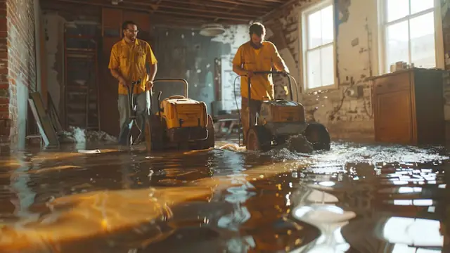 Two workers running extraction machines across a flooded room with wet walls