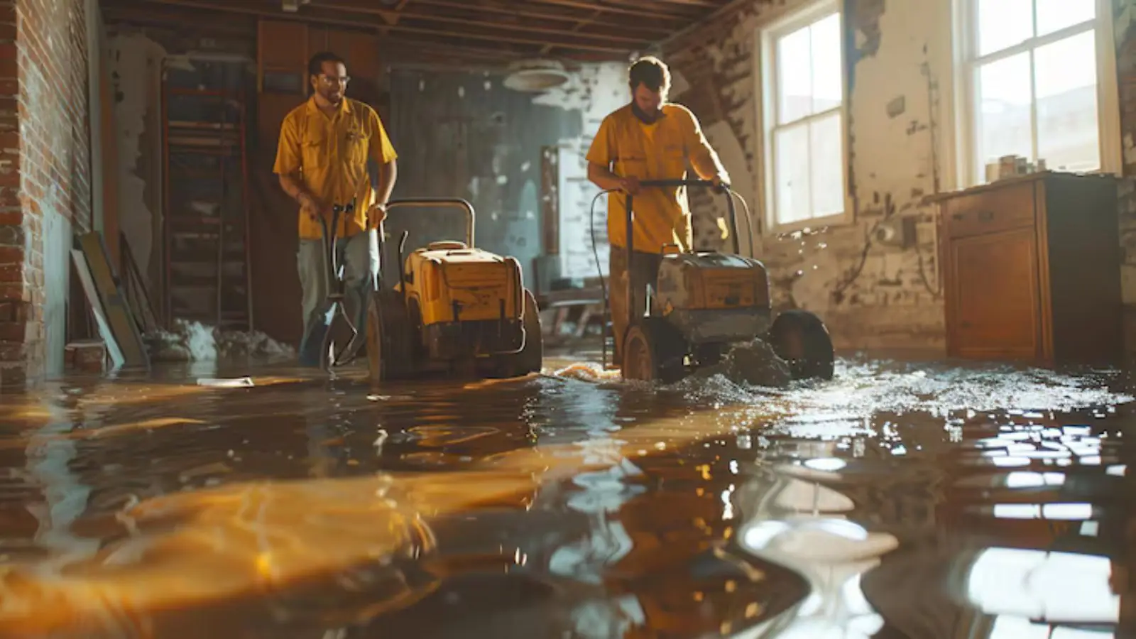 Two workers running extraction machines across a flooded room with wet walls
