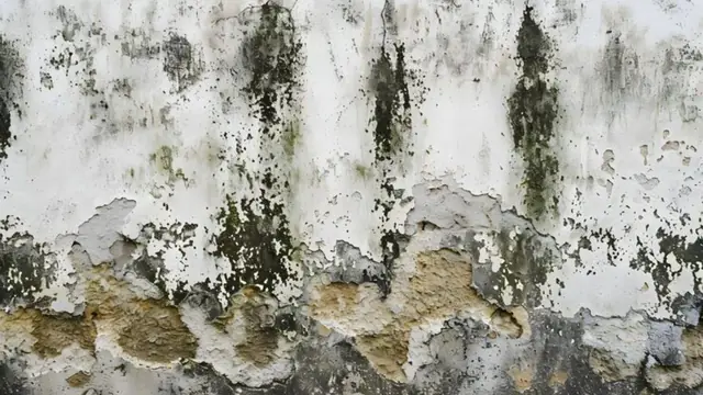 Black and green mold streaks with peeling paint on a wall